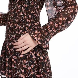 Anthropologie Leyden Black and Pink Floral Long Sleeve sheer sleeve Dress